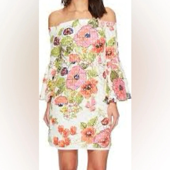 Trina Turk Miley Lace Floral Off Shoulder Bell Sleeve Dress - NWOT - Size 6 - Picture 1 of 8